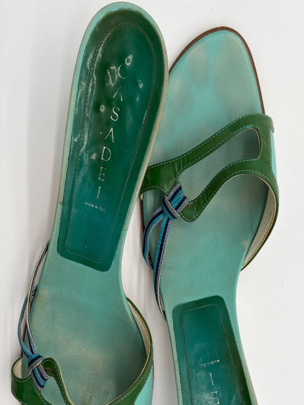 Vintage Casadei Italy Strappy Kitten Heel Mules 10 B Y2K Green Turquoise Slide